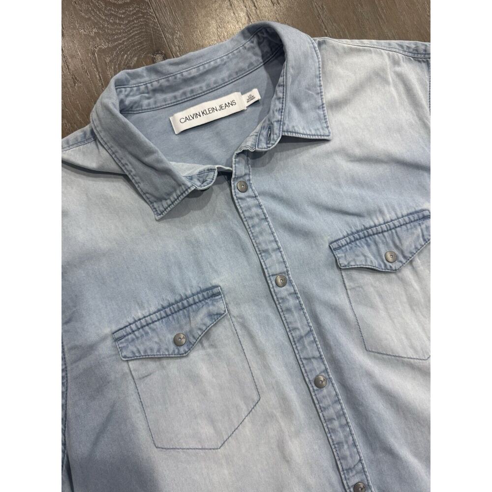 Vintage 90s CK Calvin Klein Jeans Denim Button Shirt Men Large Sun Faded - Picture 2 of 7
